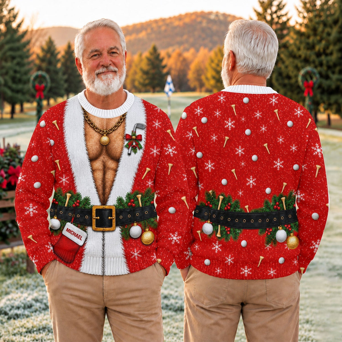 Custom Name Hairy Santa Ugly Christmas Sweater, Christmas Golf Gift, Funny Xmas Gift