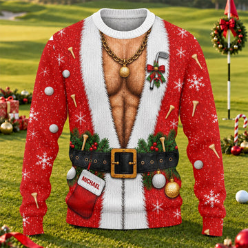 Custom Name Hairy Santa Ugly Christmas Sweater, Christmas Golf Gift, Funny Xmas Gift