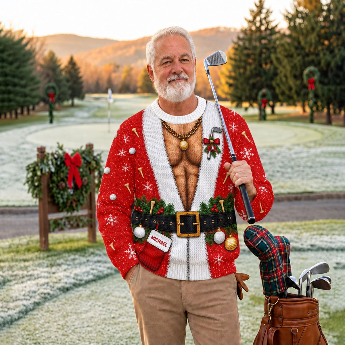 Custom Name Hairy Santa Ugly Christmas Sweater, Christmas Golf Gift, Funny Xmas Gift