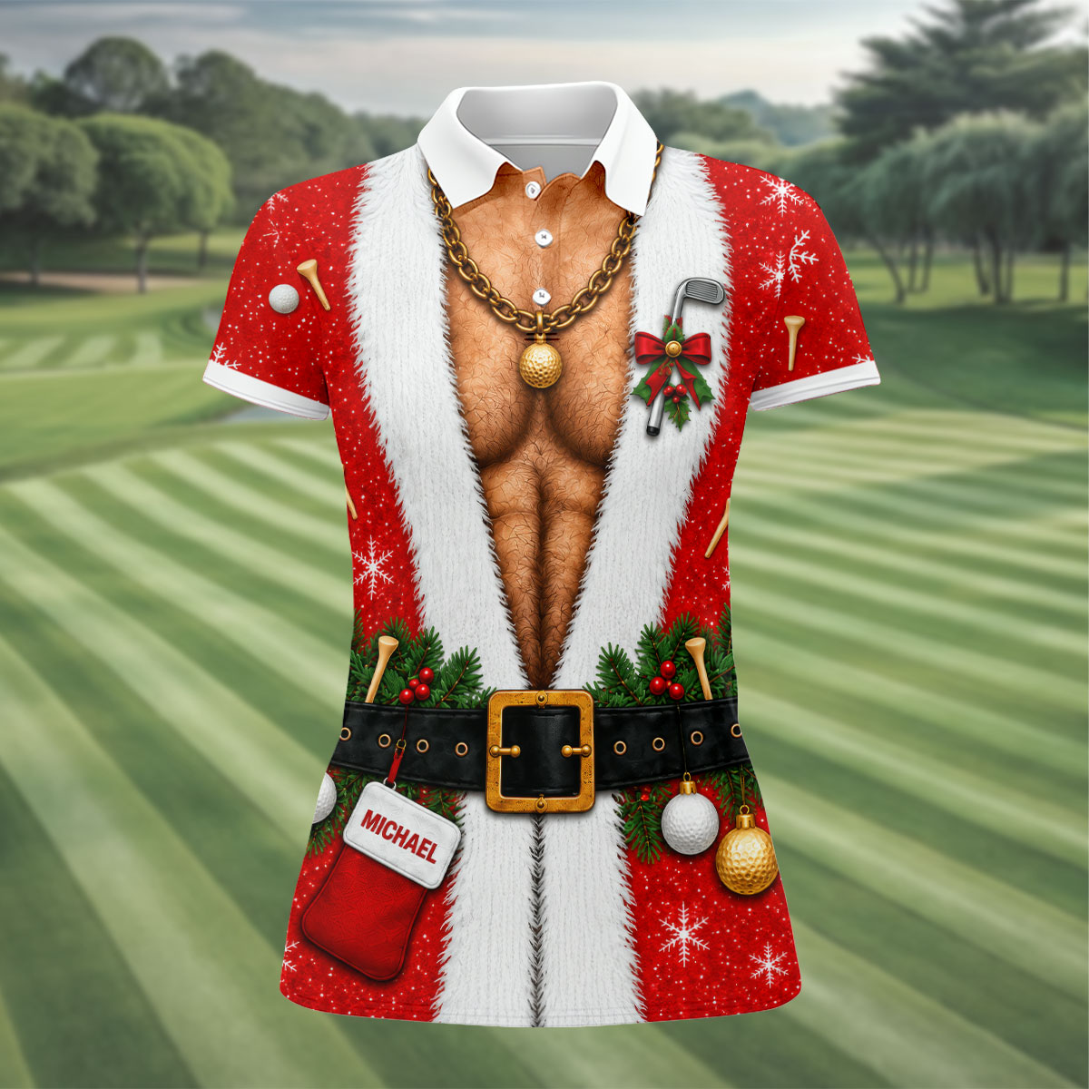 Custom Name Hairy Santa Christmas Golf Shirt, Womens Golf Tops, Ladies Golf Shirts