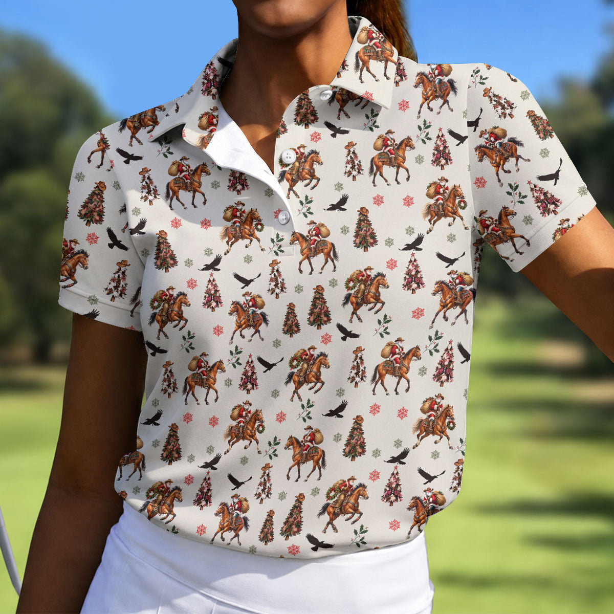 Cowboy Santa Riding Horse Christmas Golf Shirt, Womens Golf Tops, Ladies Golf Shirts