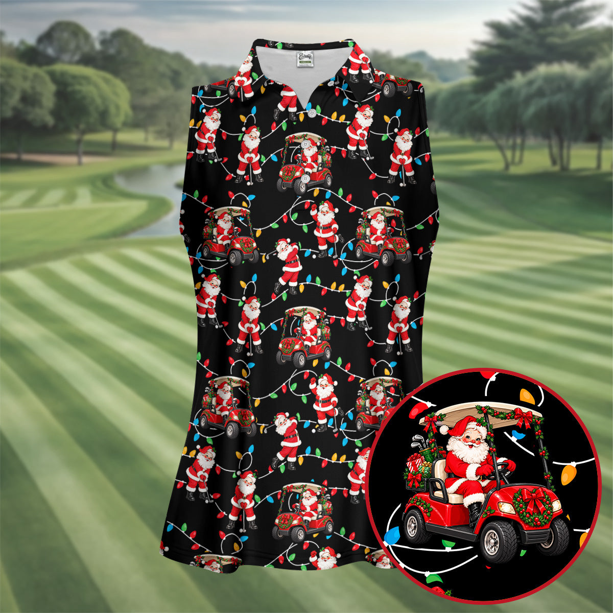 Santa Golf Cart Lights Christmas Golf Shirt, Ladies Golf Apparel, Womens Golf Apparel