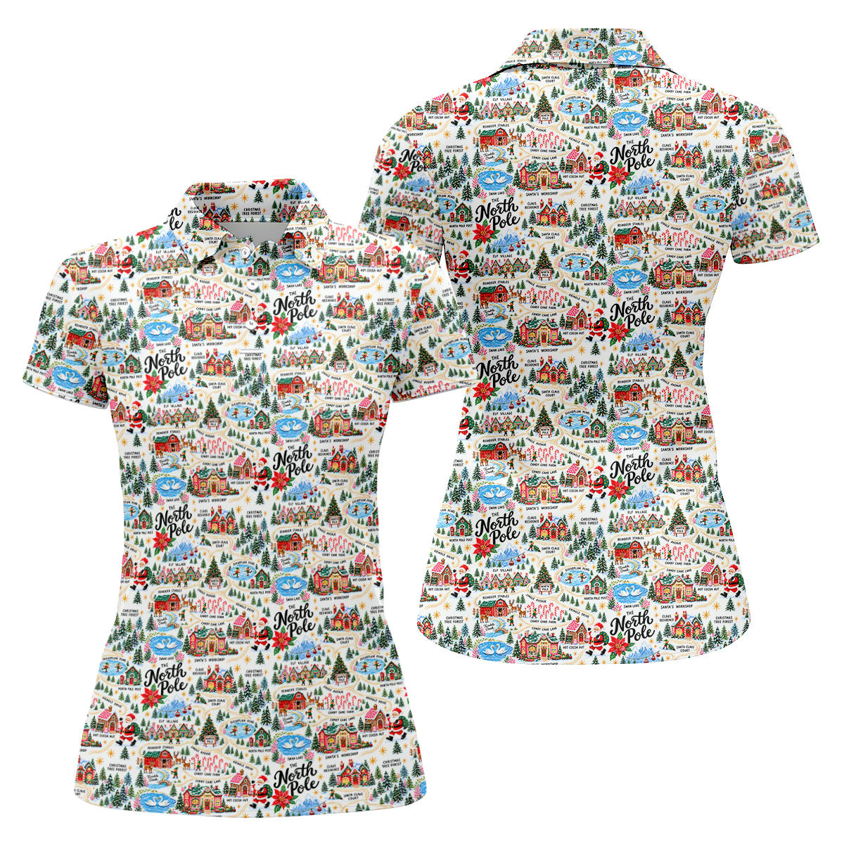 North Pole Village Map Christmas Golf Shirt, Womens Golf Shirts, Womens Golf Clothing