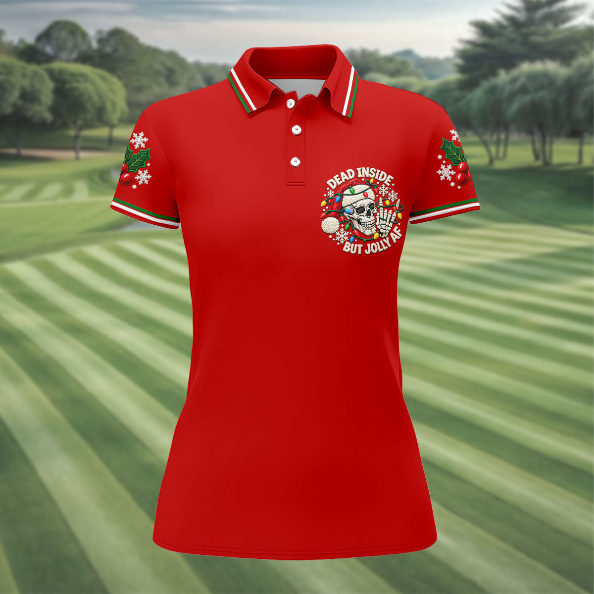 Jolly AF Skull Chest Logo Christmas Golf Shirt, Womens Golf Apparel, Ladies Golf Tops