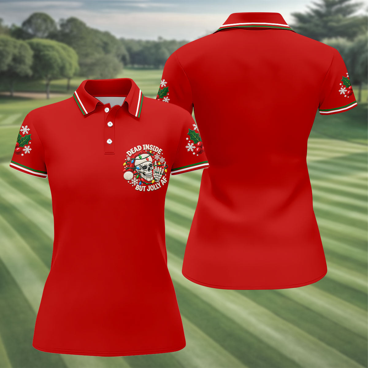 Jolly AF Skull Chest Logo Christmas Golf Shirt, Womens Golf Apparel, Ladies Golf Tops