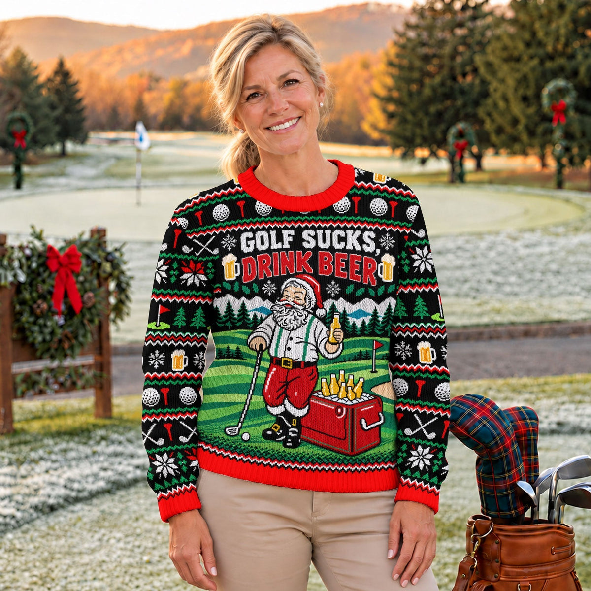 Golf Sucks Drink Beer Ugly Christmas Sweater, Christmas Golf Gift, Funny Xmas Gift