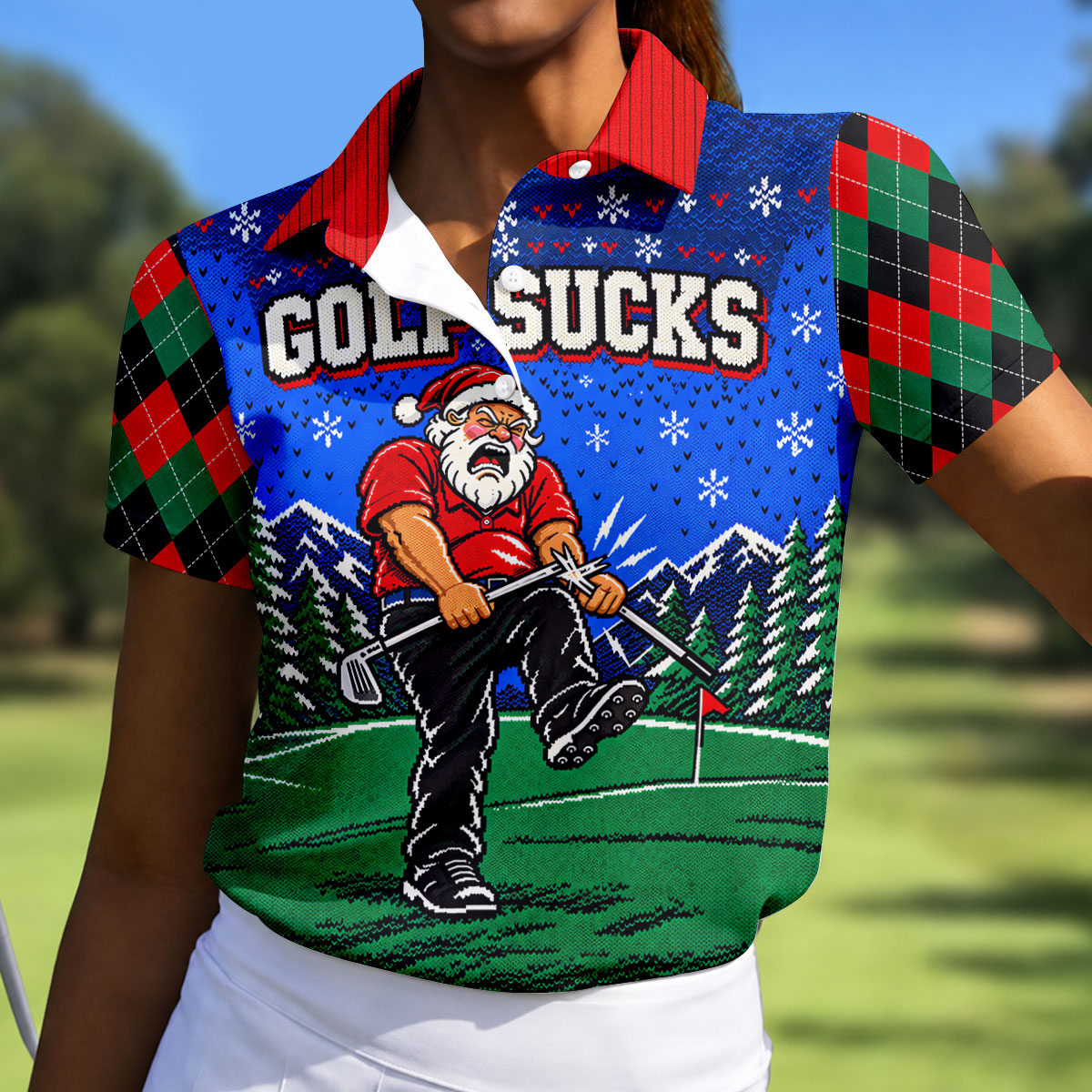 Golf Sucks Angry Santa Christmas Golf Shirt, Womens Golf Tops, Ladies Golf Shirts