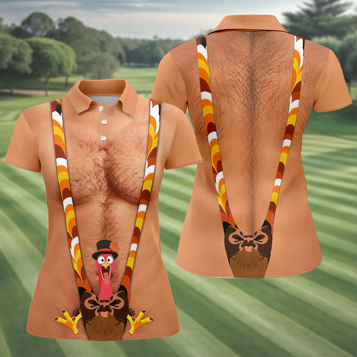 Funny Turkey Suspenders Thanksgiving Golf Shirt, Womens Golf Shirts, Womens Golf Tops