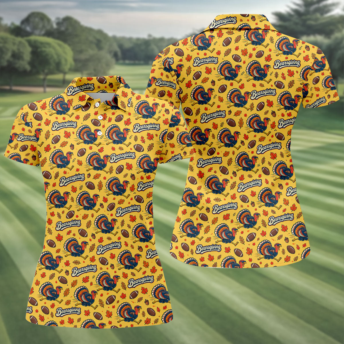 Yellow Turkey Leaves Thanksgiving Golf Shirt, Ladies Golf Shirts, Womens Golf Apparel