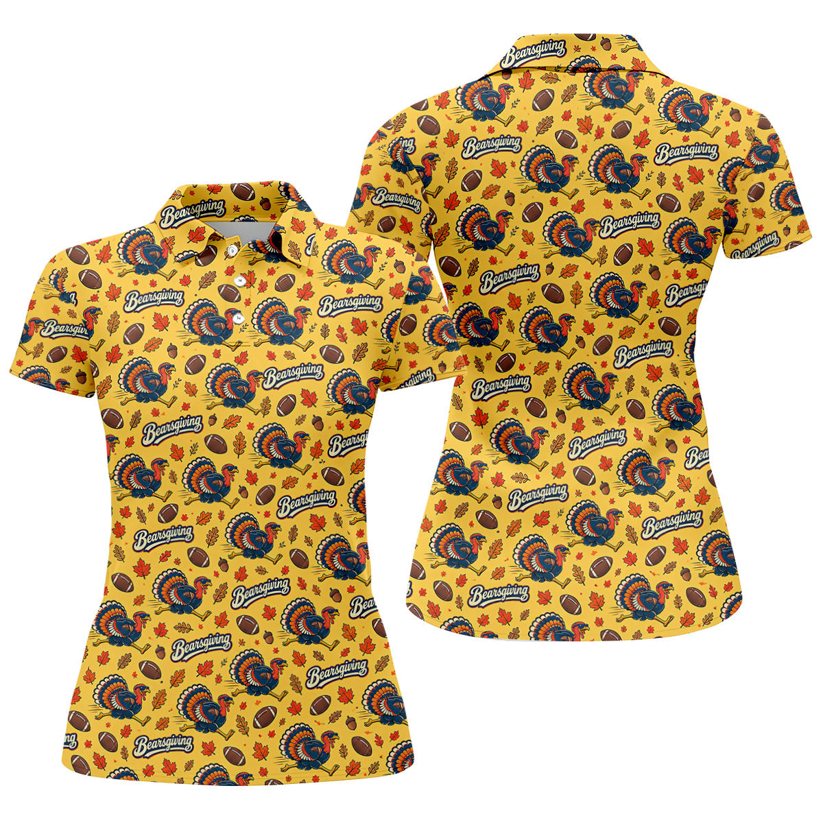 Yellow Turkey Leaves Thanksgiving Golf Shirt, Ladies Golf Shirts, Womens Golf Apparel