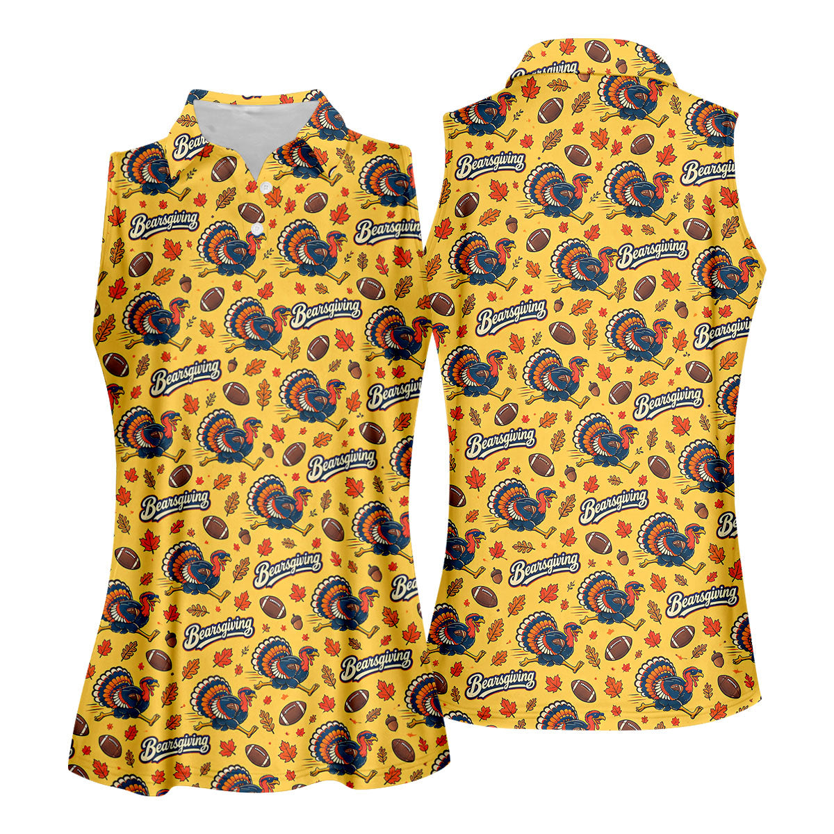 Yellow Turkey Leaves Thanksgiving Golf Shirt, Ladies Golf Shirts, Womens Golf Apparel