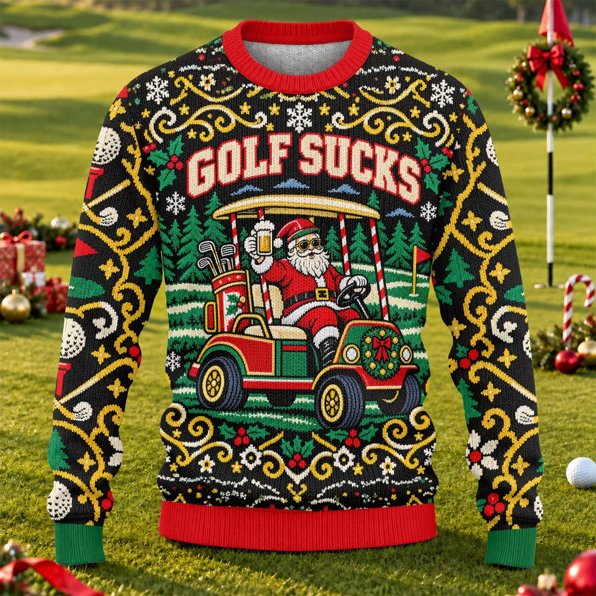 Golf Sucks Santa Cart Ugly Christmas Sweater, Ugly Sweater Party, Christmas Golf Gift