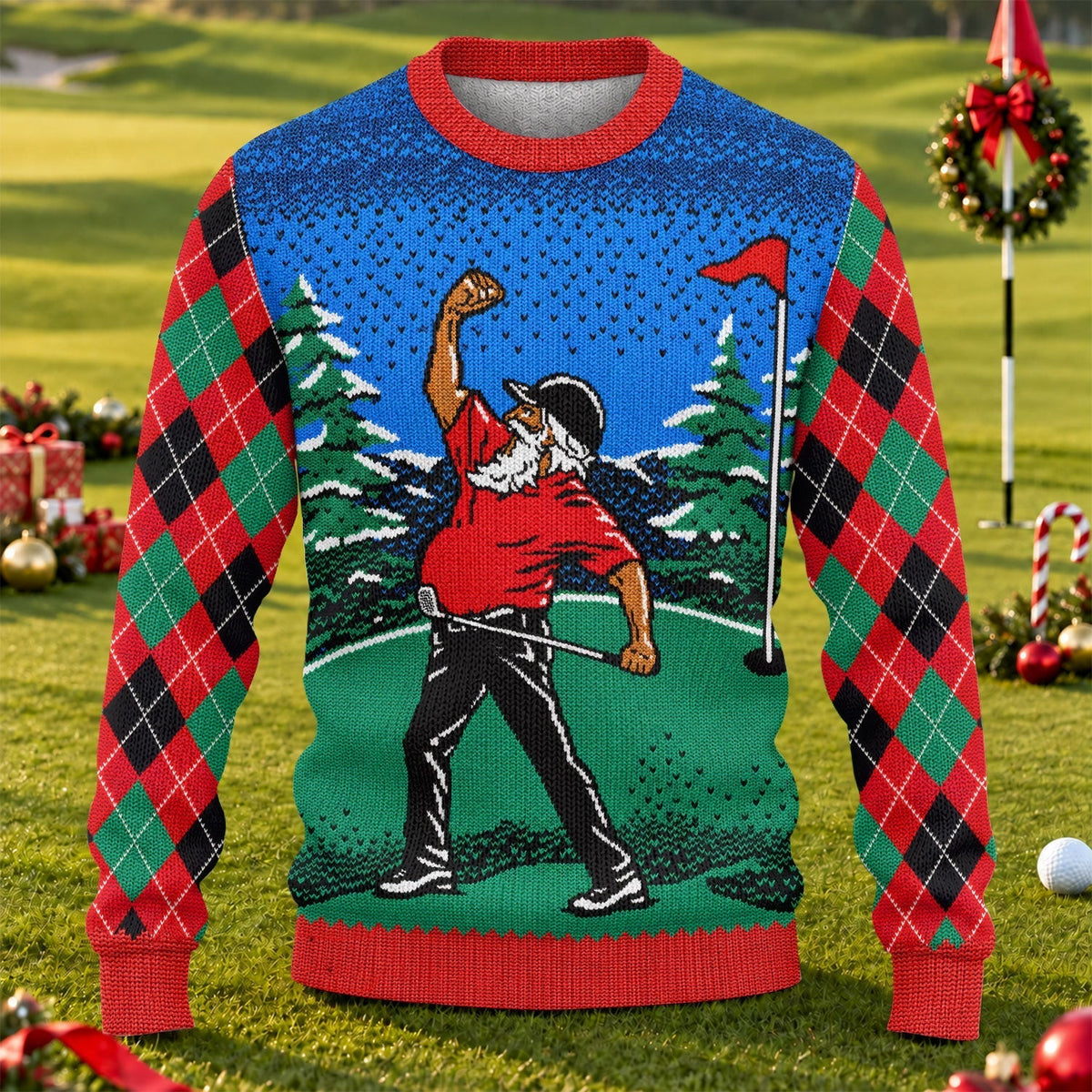 Golfer Red Plaid Ugly Christmas Sweater, Christmas Golf Gift, Funny Holiday Sweater