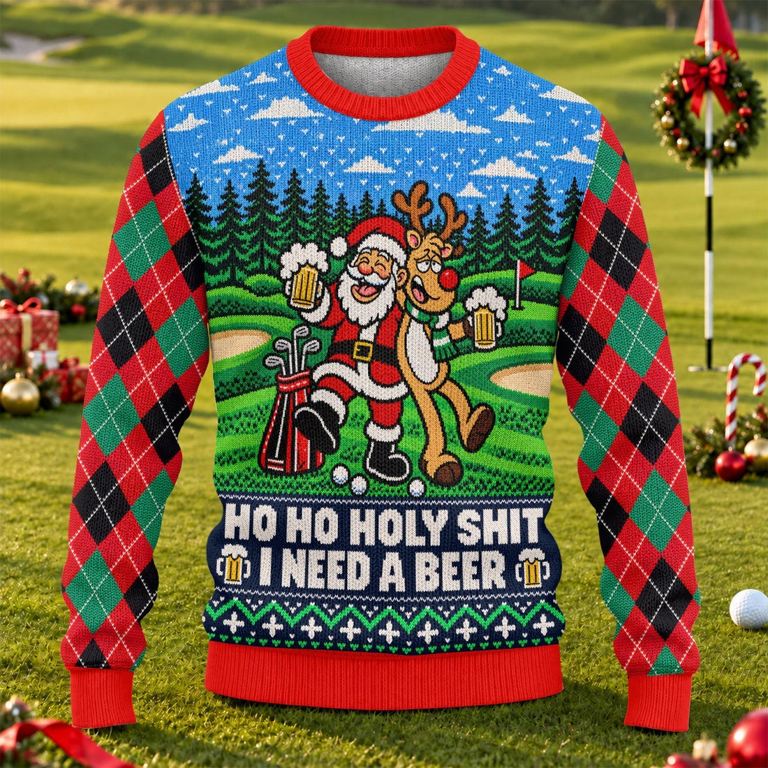 Santa Reindeer Beer Ugly Christmas Sweater, Christmas Golf Gift, Golf Lover Gifts