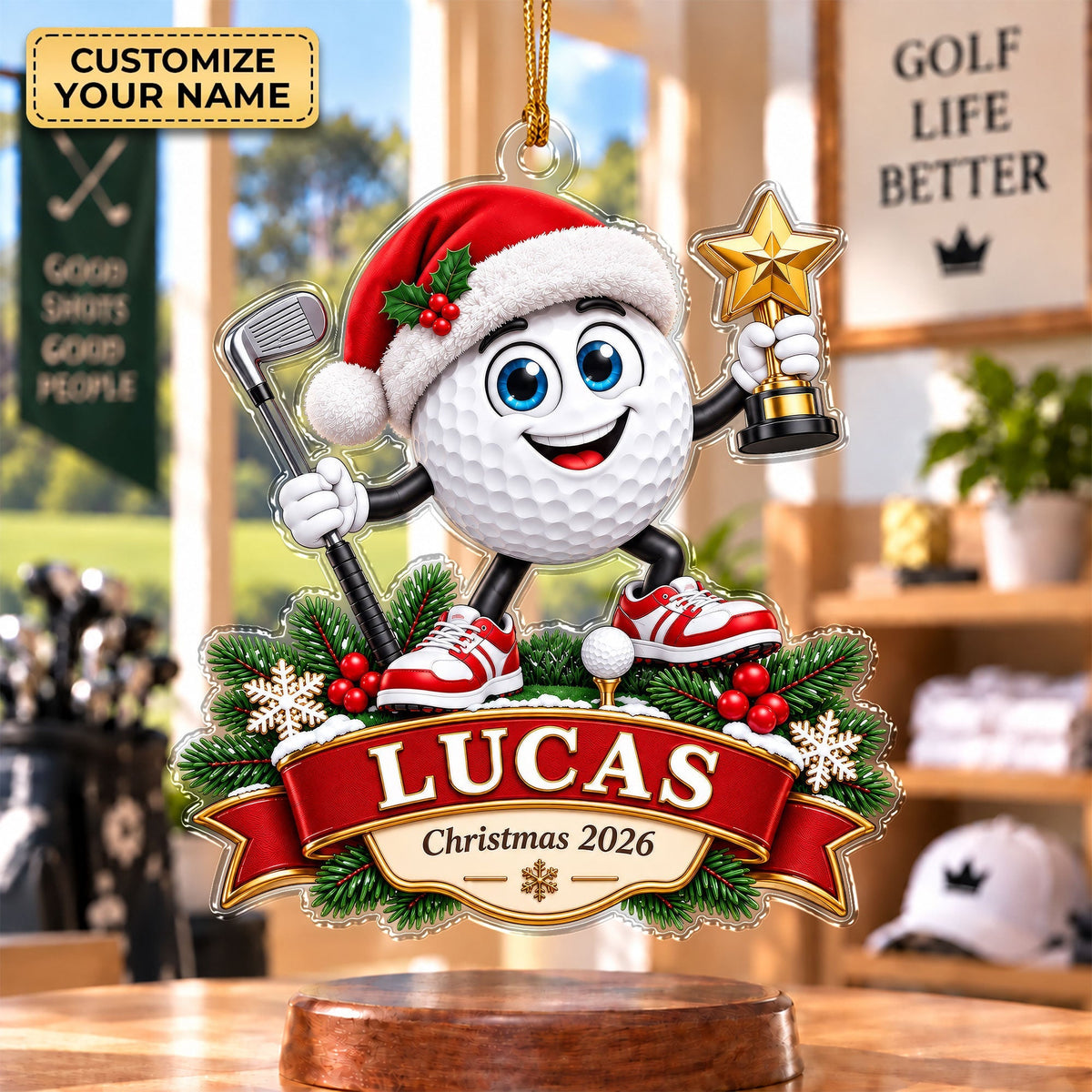 Custom Golf Ball Santa Acrylic Ornament, Christmas Decorations, Golf Ball Gifts