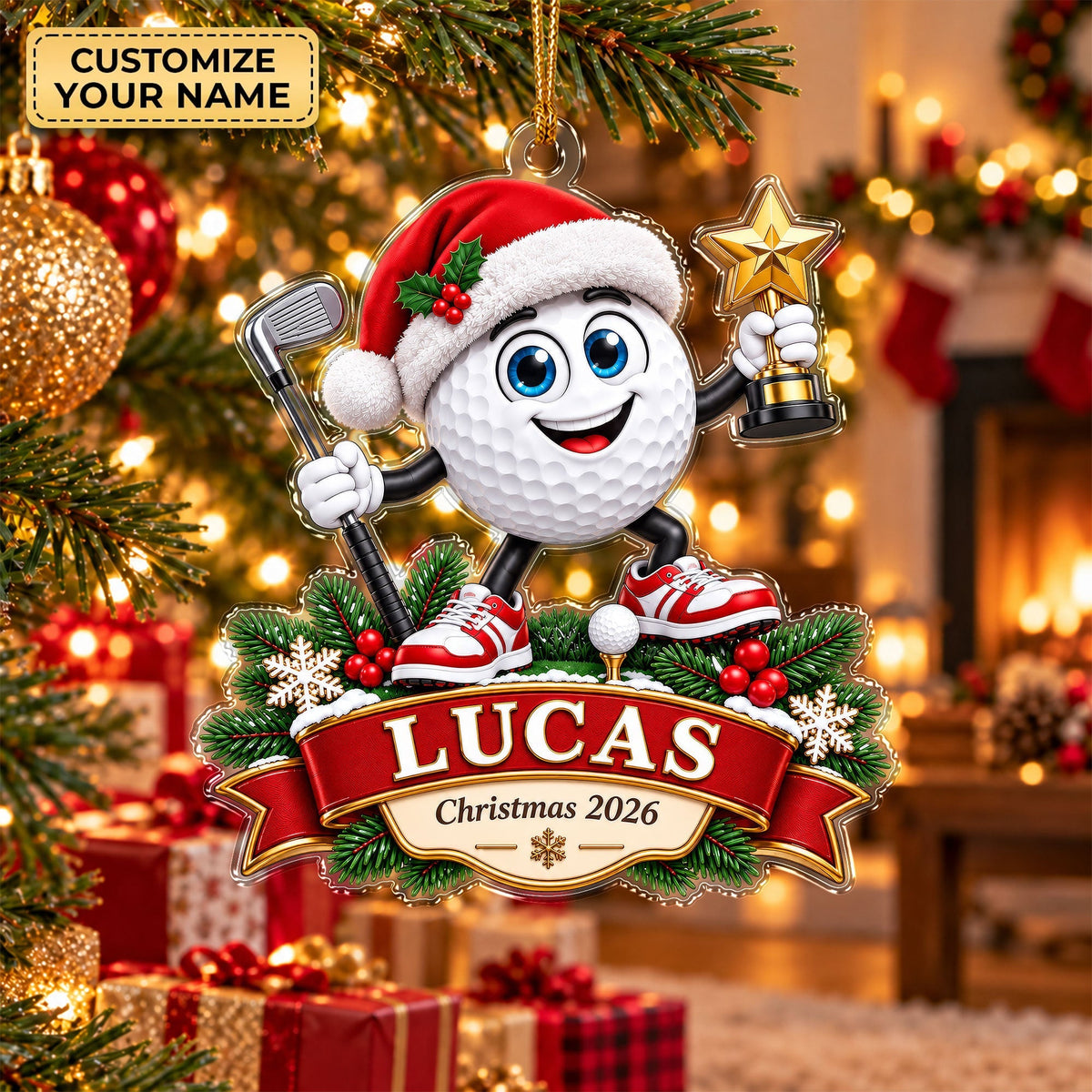 Custom Golf Ball Santa Acrylic Ornament, Christmas Decorations, Golf Ball Gifts