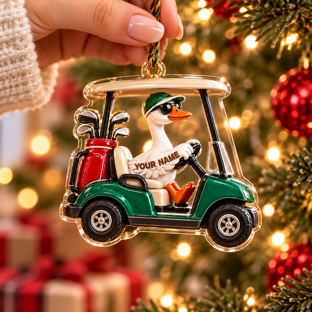 Custom Name Goose Golf Cart Acrylic Ornament, Christmas Tree Decor, Golf Lover Gifts