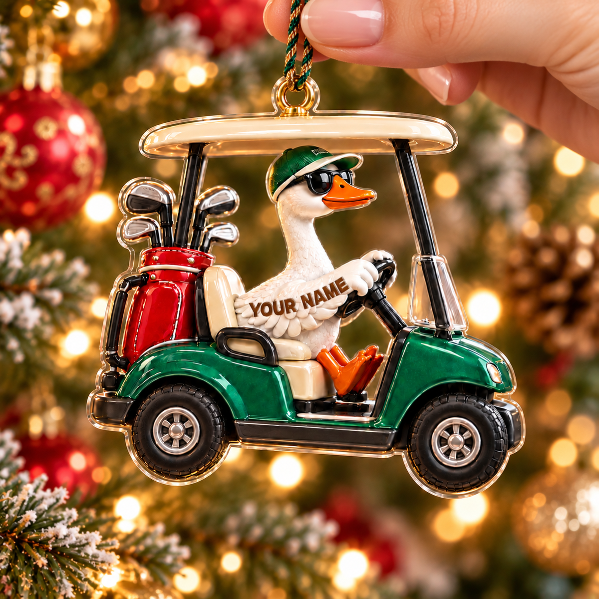 Custom Name Goose Golf Cart Acrylic Ornament, Christmas Tree Decor, Golf Lover Gifts