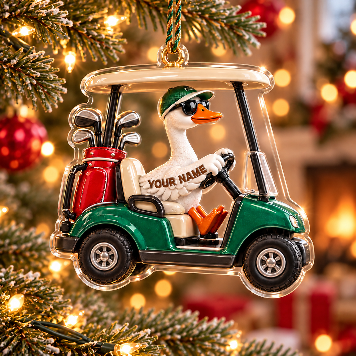 Custom Name Goose Golf Cart Acrylic Ornament, Christmas Tree Decor, Golf Lover Gifts