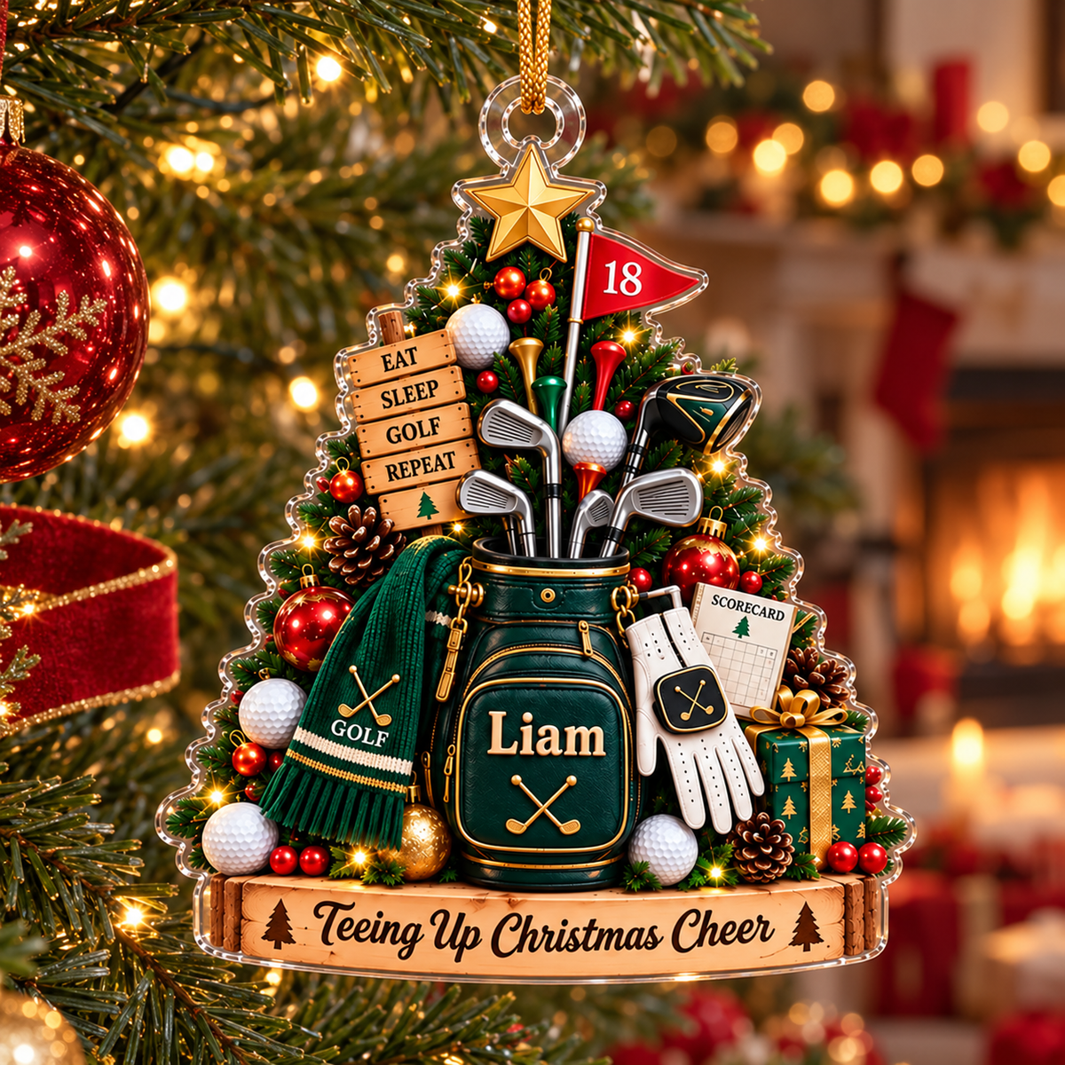 Custom Name Teeing Up Christmas Cheer Acrylic Ornament, Christmas Gifts, Golf Gifts