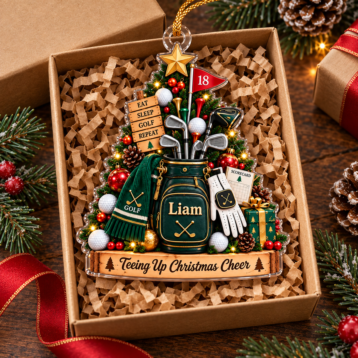 Custom Name Teeing Up Christmas Cheer Acrylic Ornament, Christmas Gifts, Golf Gifts