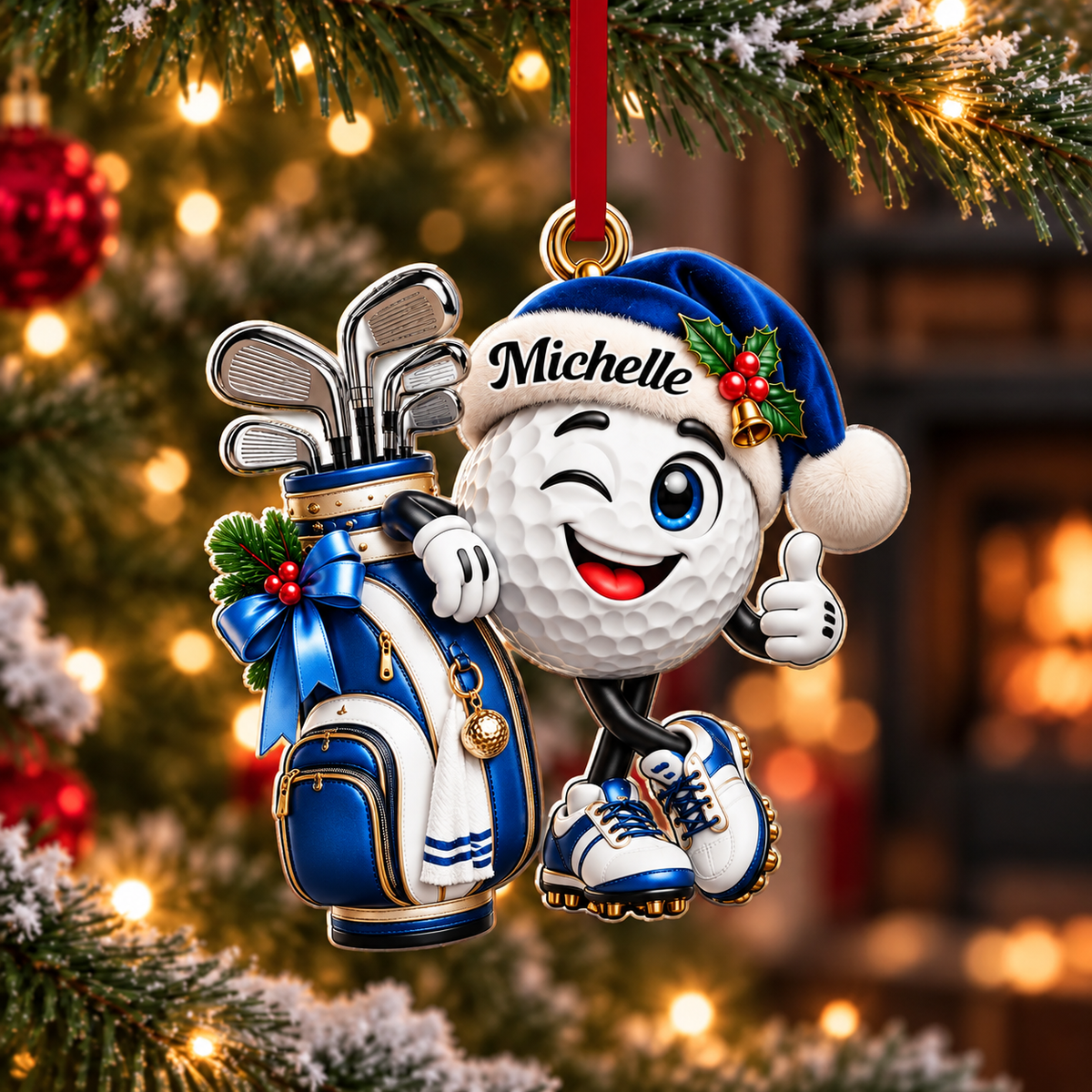 Custom Name Golf Ball Santa Hat Acrylic Ornament, Christmas Ornaments, Golfer Gifts
