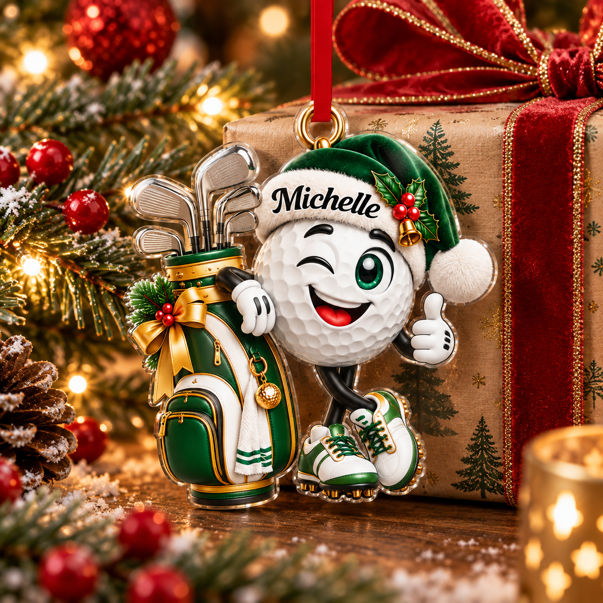 Custom Name Golf Ball Santa Hat Acrylic Ornament, Christmas Ornaments, Golfer Gifts
