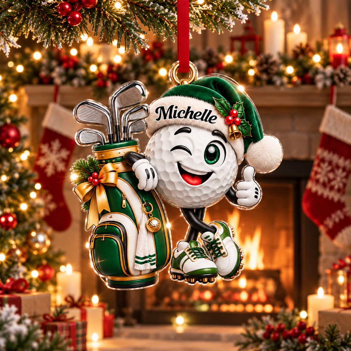 Custom Name Golf Ball Santa Hat Acrylic Ornament, Christmas Ornaments, Golfer Gifts