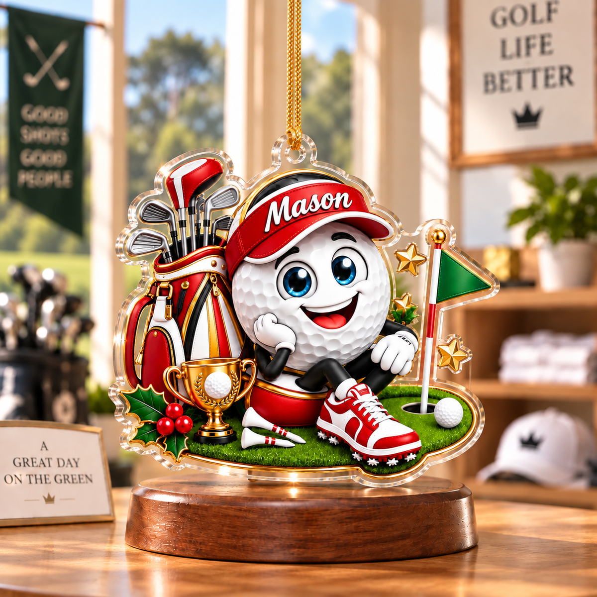 Custom Name Golf Ball Cap Trophy Acrylic Ornament, Christmas Tree Decor, Golf Gifts