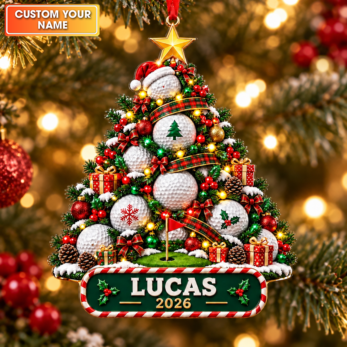 Custom Name Year Golf Ball Tree Acrylic Ornament, Christmas Tree Decor, Golf Gifts