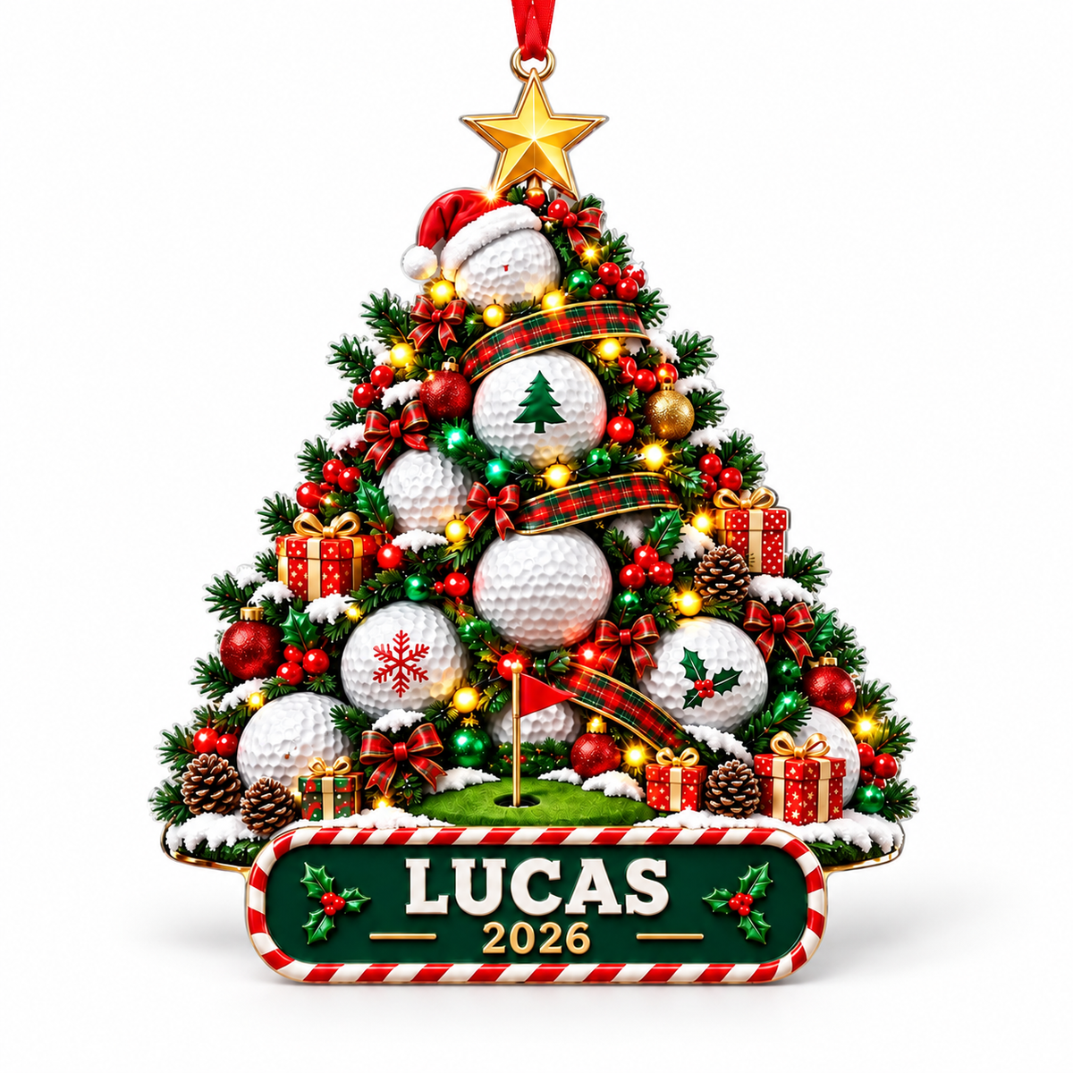 Custom Name Year Golf Ball Tree Acrylic Ornament, Christmas Tree Decor, Golf Gifts