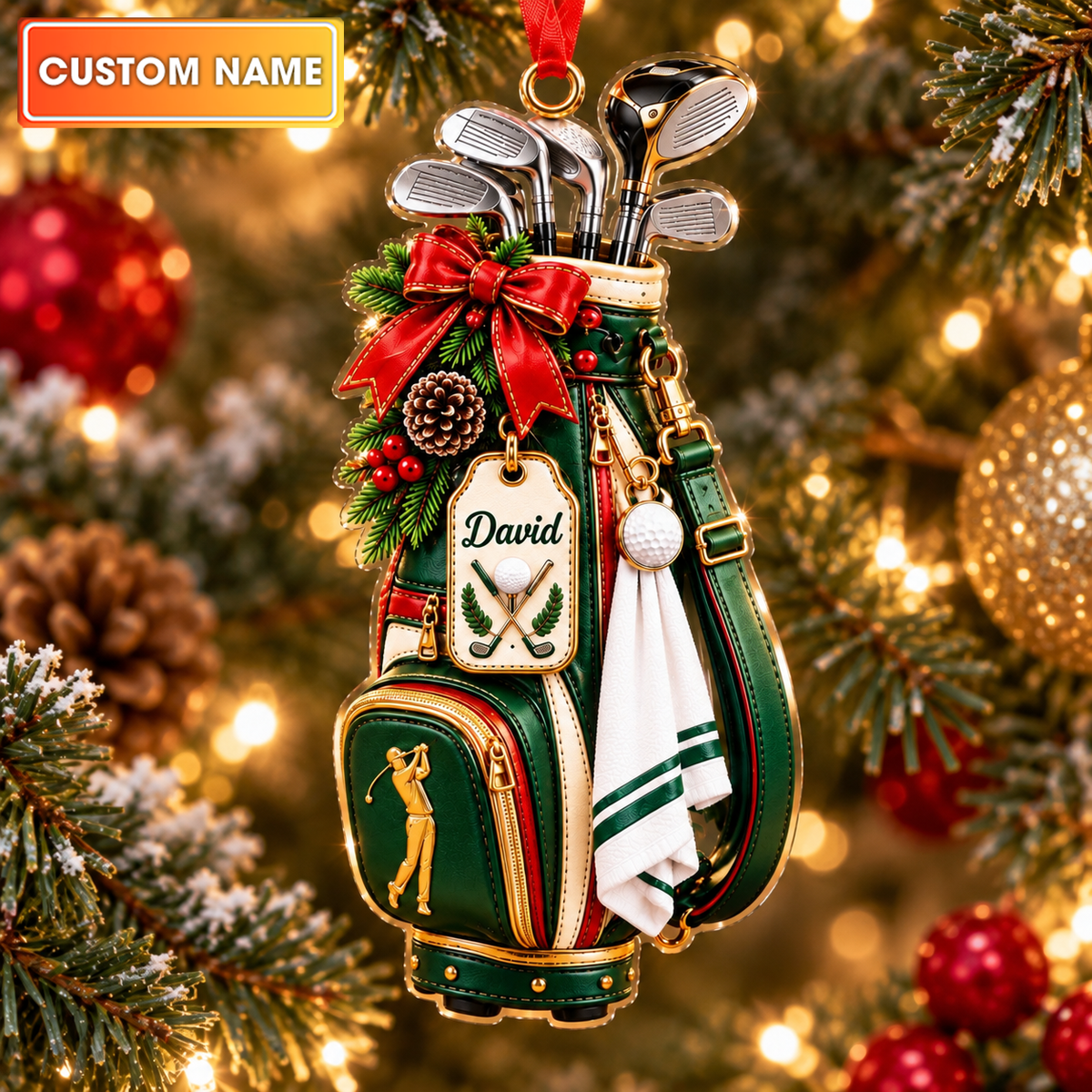Custom Name Golf Bag Red Bow Acrylic Ornament, Christmas Ornaments, Golfer Gifts