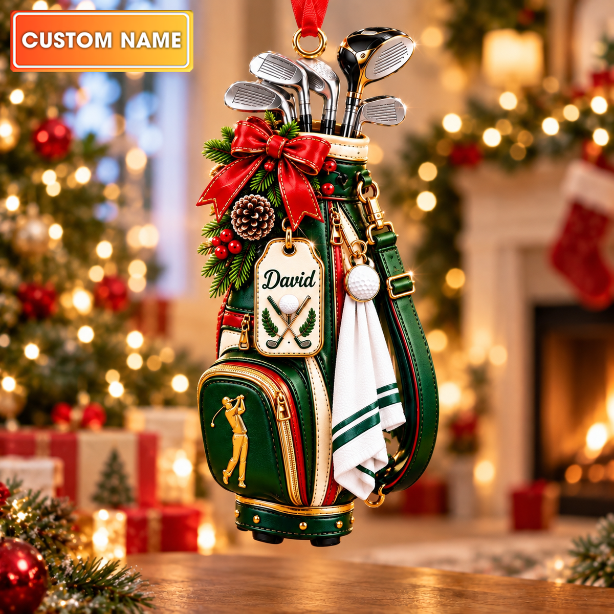 Custom Name Golf Bag Red Bow Acrylic Ornament, Christmas Ornaments, Golfer Gifts
