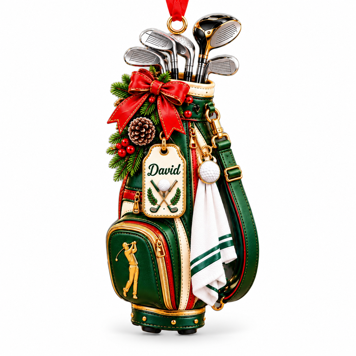 Custom Name Golf Bag Red Bow Acrylic Ornament, Christmas Ornaments, Golfer Gifts