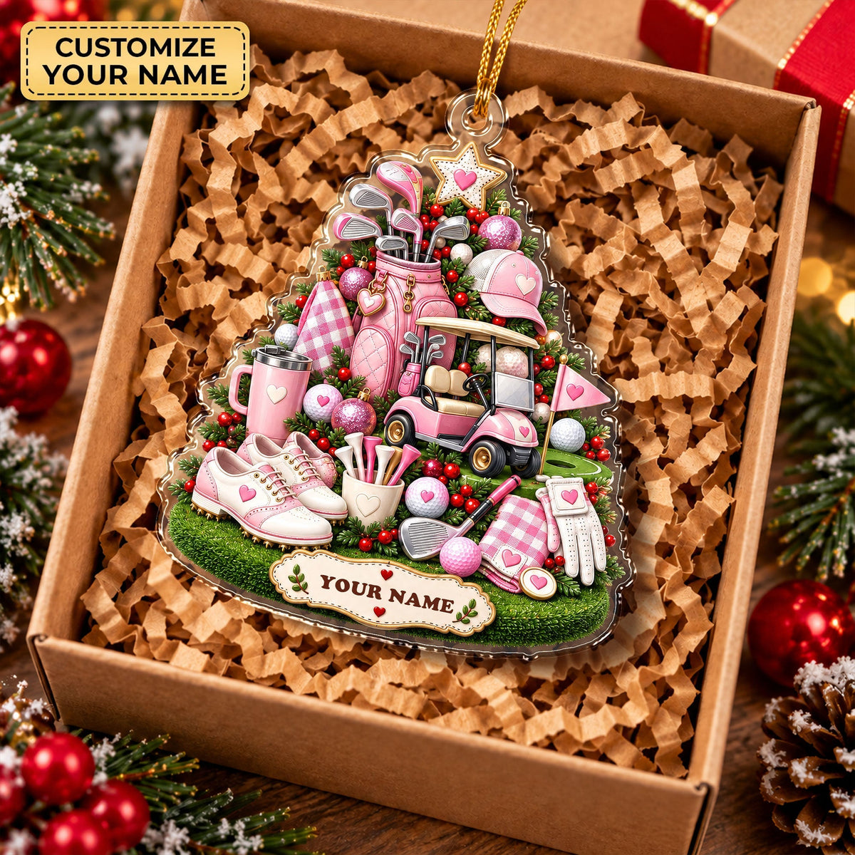 Custom Name Pink Golf Gear Tree Acrylic Ornament, Christmas Tree Decor, Golf Gifts