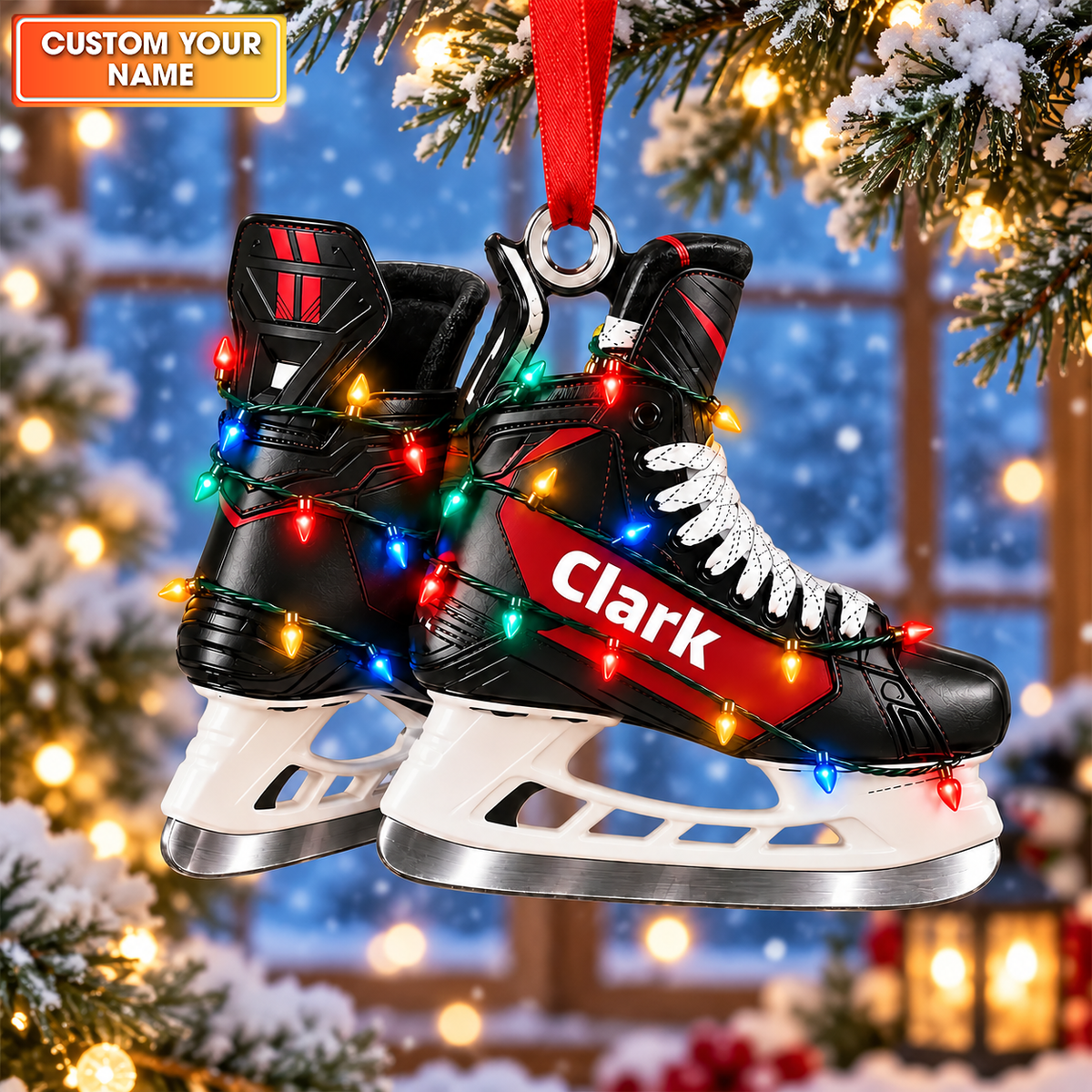 Custom Name Red Hockey Skates Acrylic Ornament, Christmas Gifts, Hockey Player Gifts