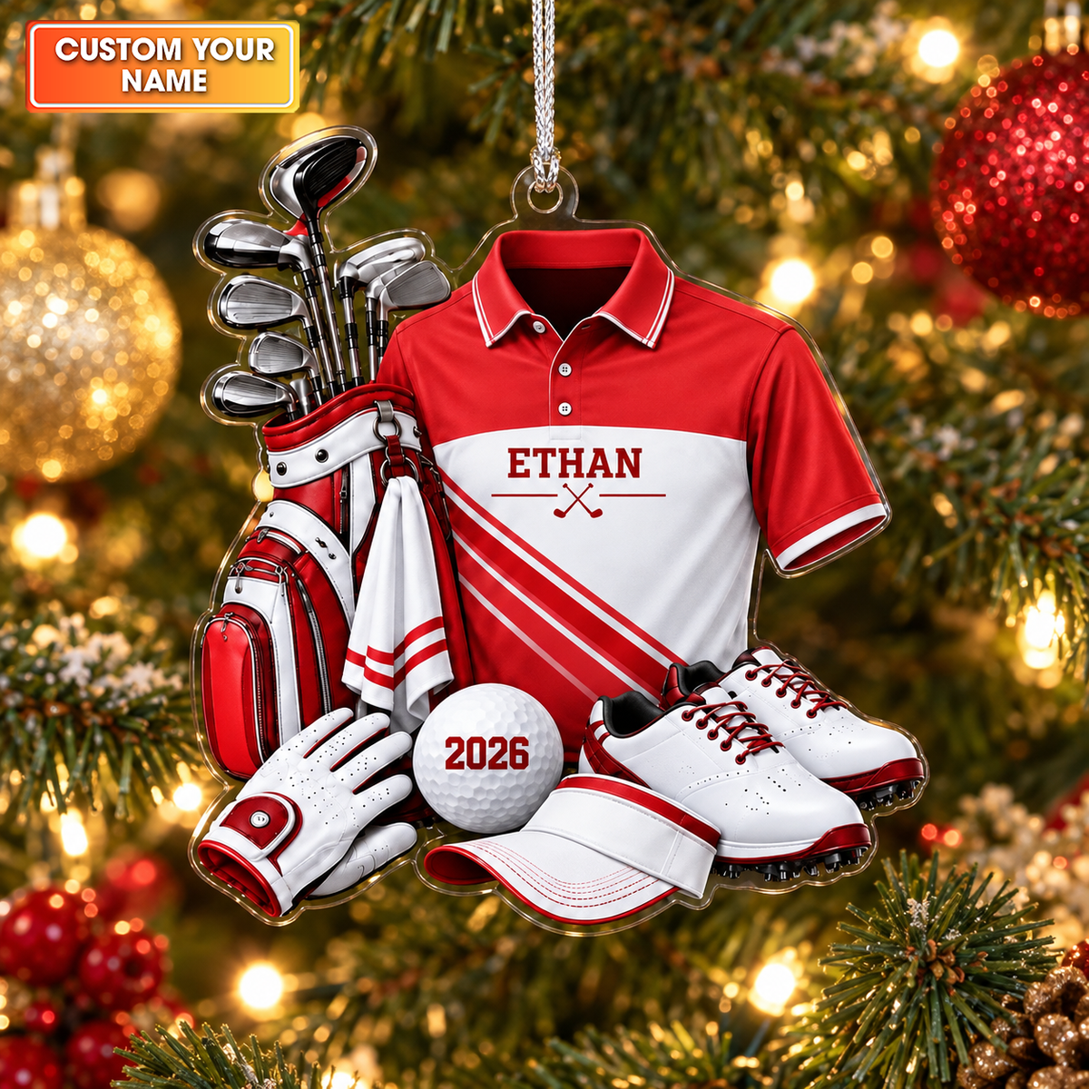 Custom Name Red Golf Shirt And Bag Acrylic Ornament, Christmas Ornaments, Golf Gifts
