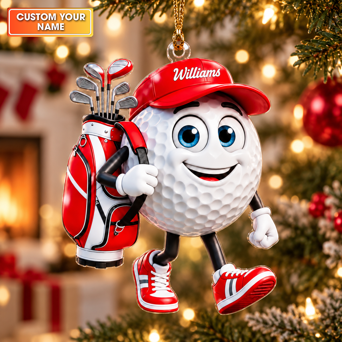 Custom Name Red Walking Golf Ball Acrylic Ornament, Christmas Gifts, Golfer Gifts