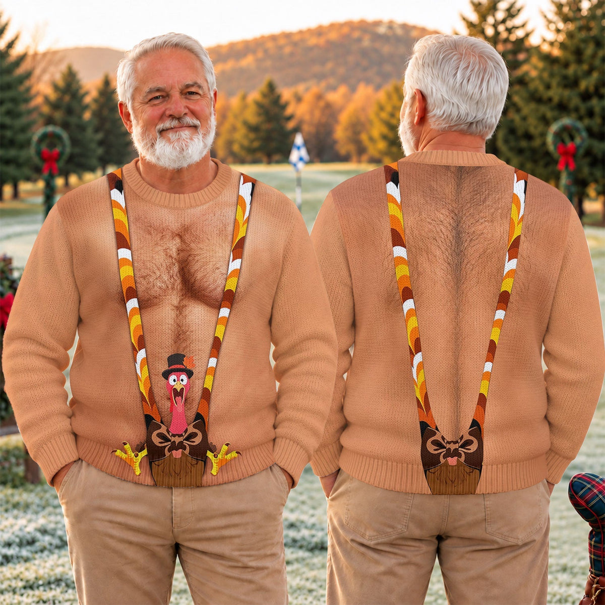 Funny Turkey Suspenders Ugly Christmas Sweater, Thanksgiving Golf Shirt, Golf Lover Gifts