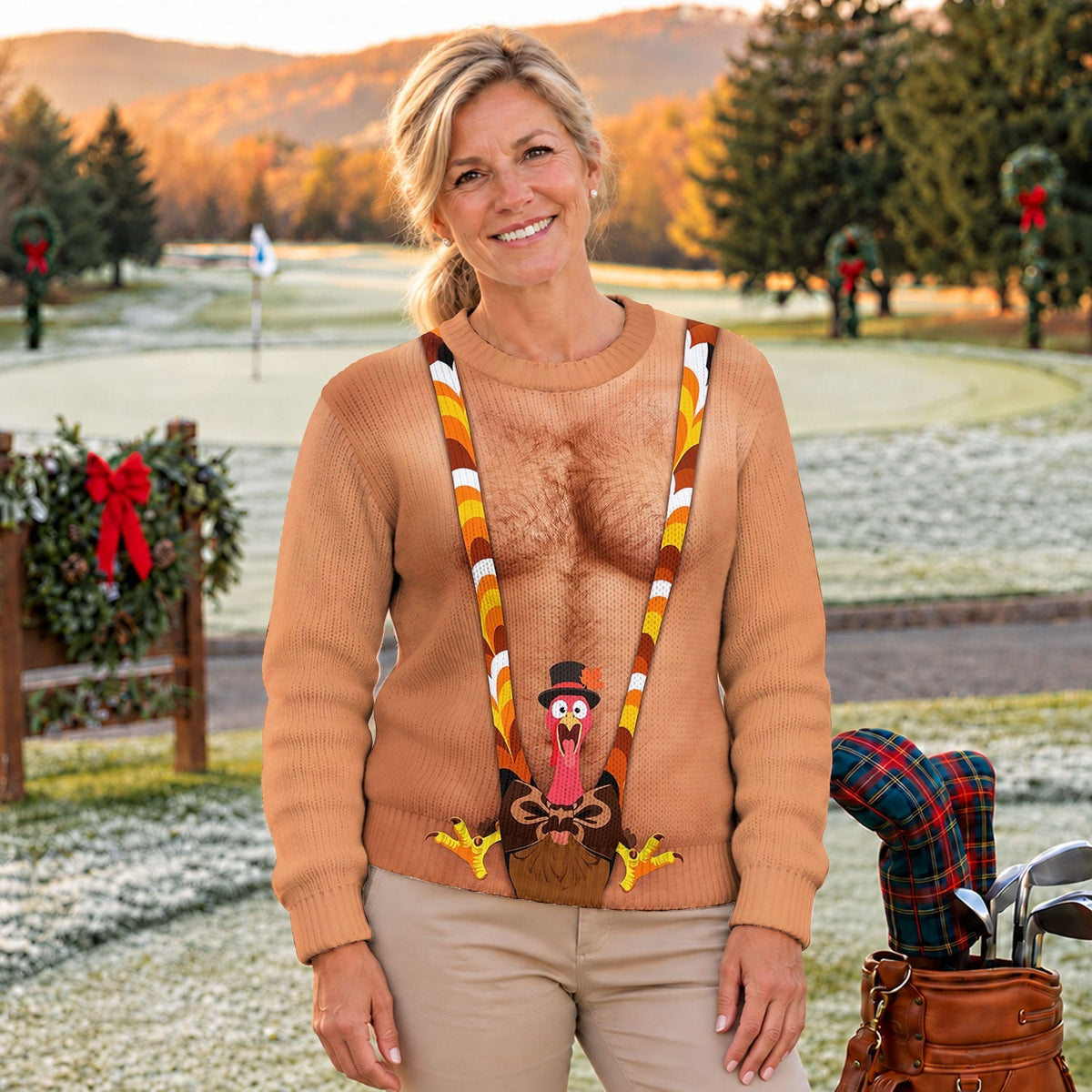 Funny Turkey Suspenders Ugly Christmas Sweater, Thanksgiving Golf Shirt, Golf Lover Gifts