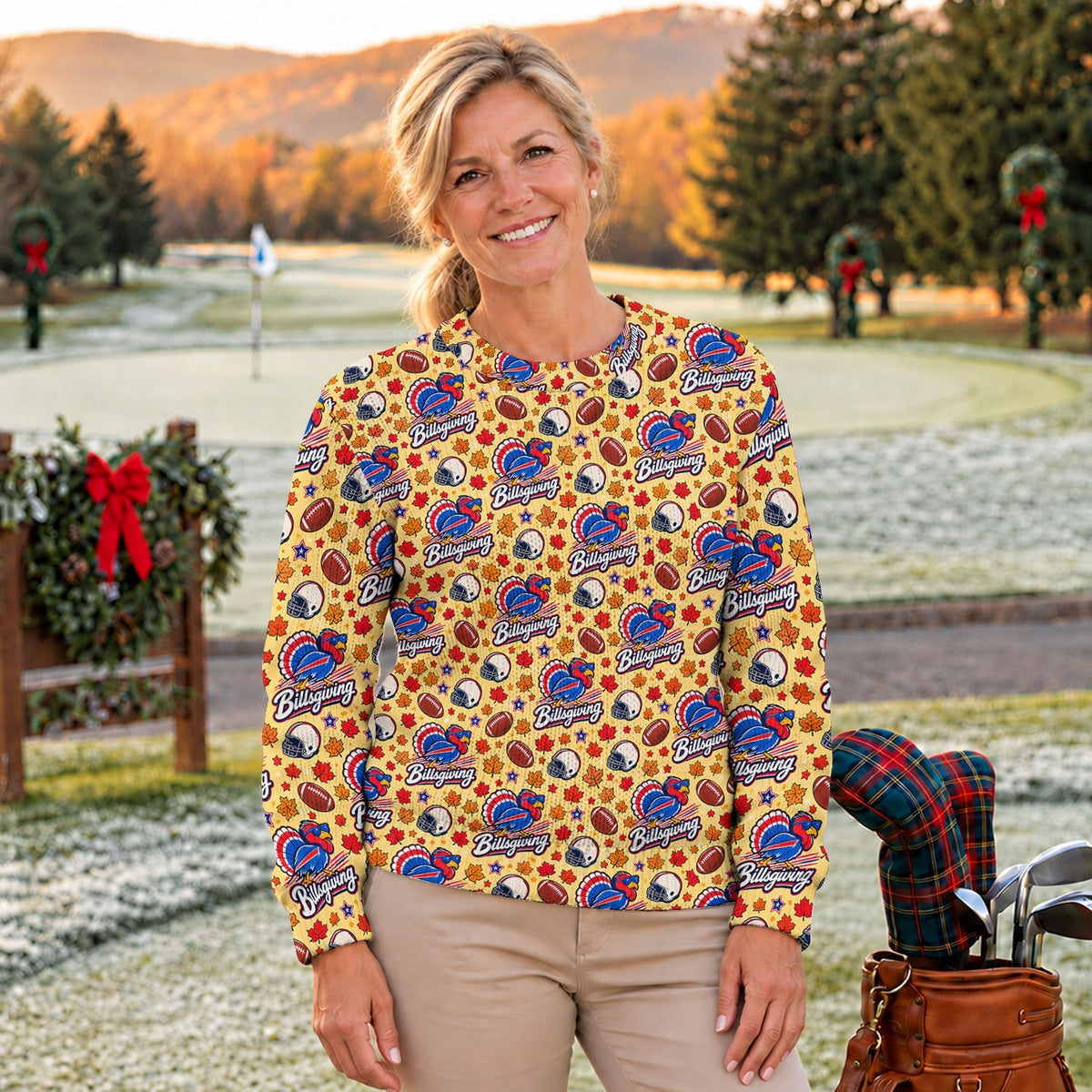 Yellow Football Leaves Ugly Christmas Sweater, Thanksgiving Golf Shirt, Funny Xmas Gift