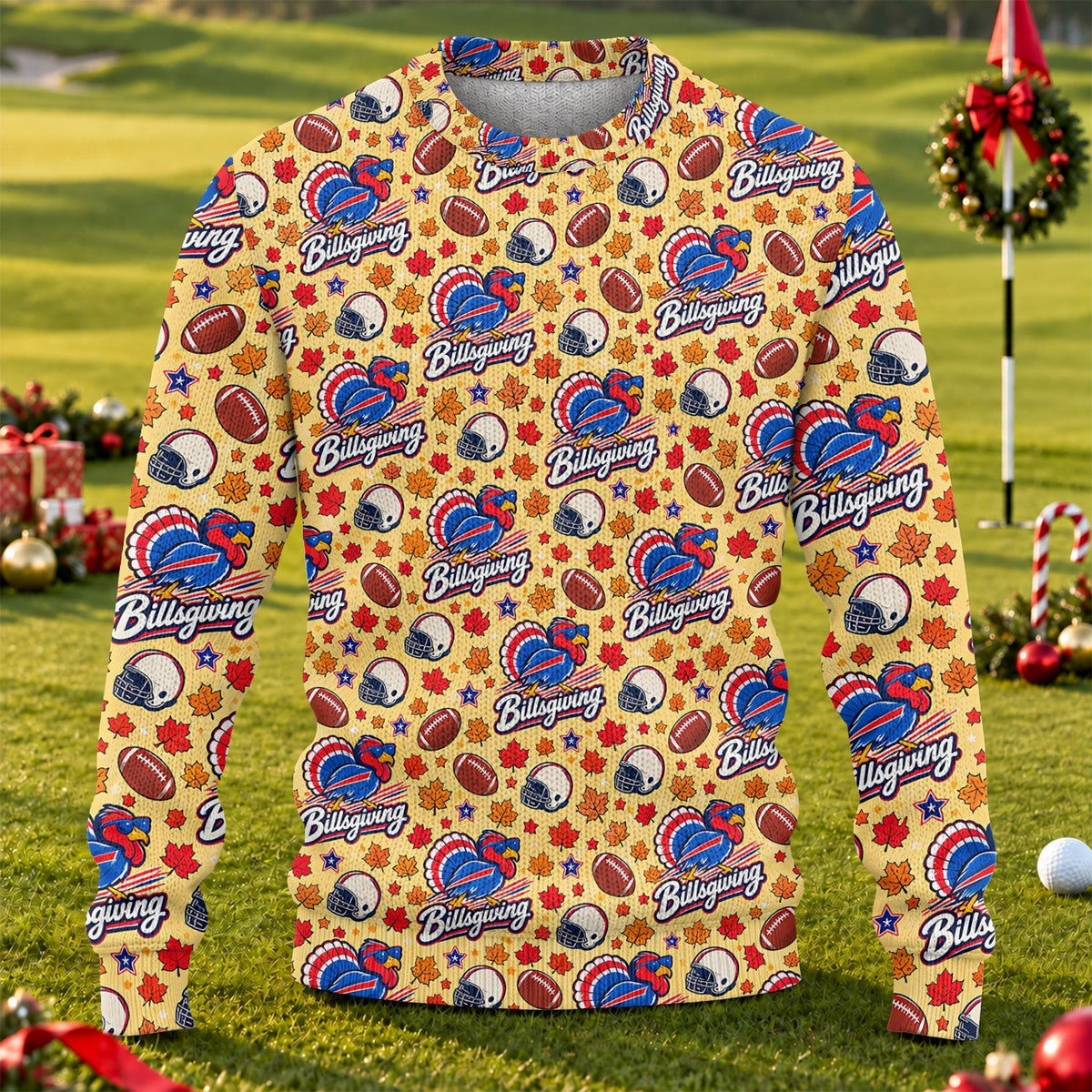 Yellow Football Leaves Ugly Christmas Sweater, Thanksgiving Golf Shirt, Funny Xmas Gift