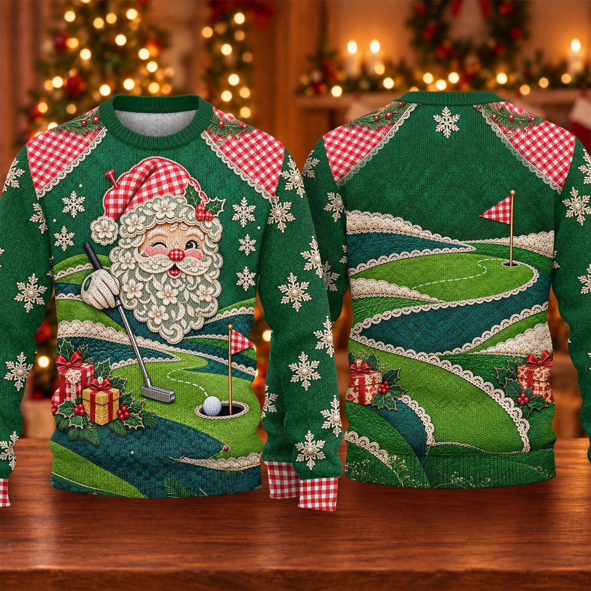 Winking Santa Golf Green Ugly Christmas Sweater, Ugly Sweater Party, Golf Lover Gifts