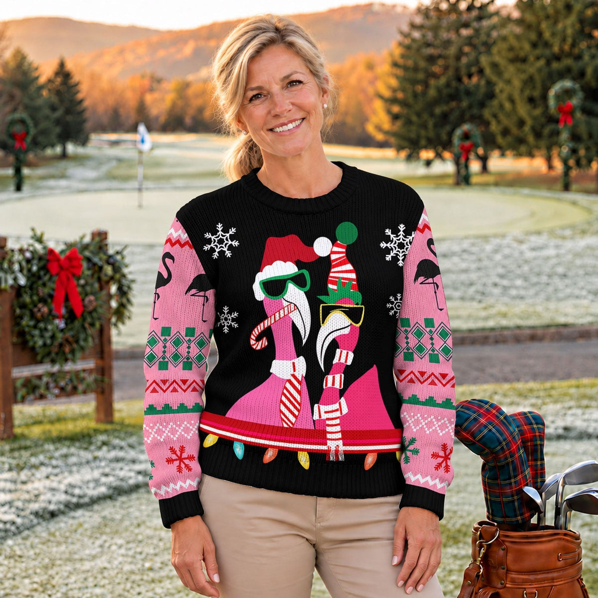 Pink Flamingo Santa Hat Ugly Christmas Sweater, Golf Lover Gifts, Christmas Golf Gift