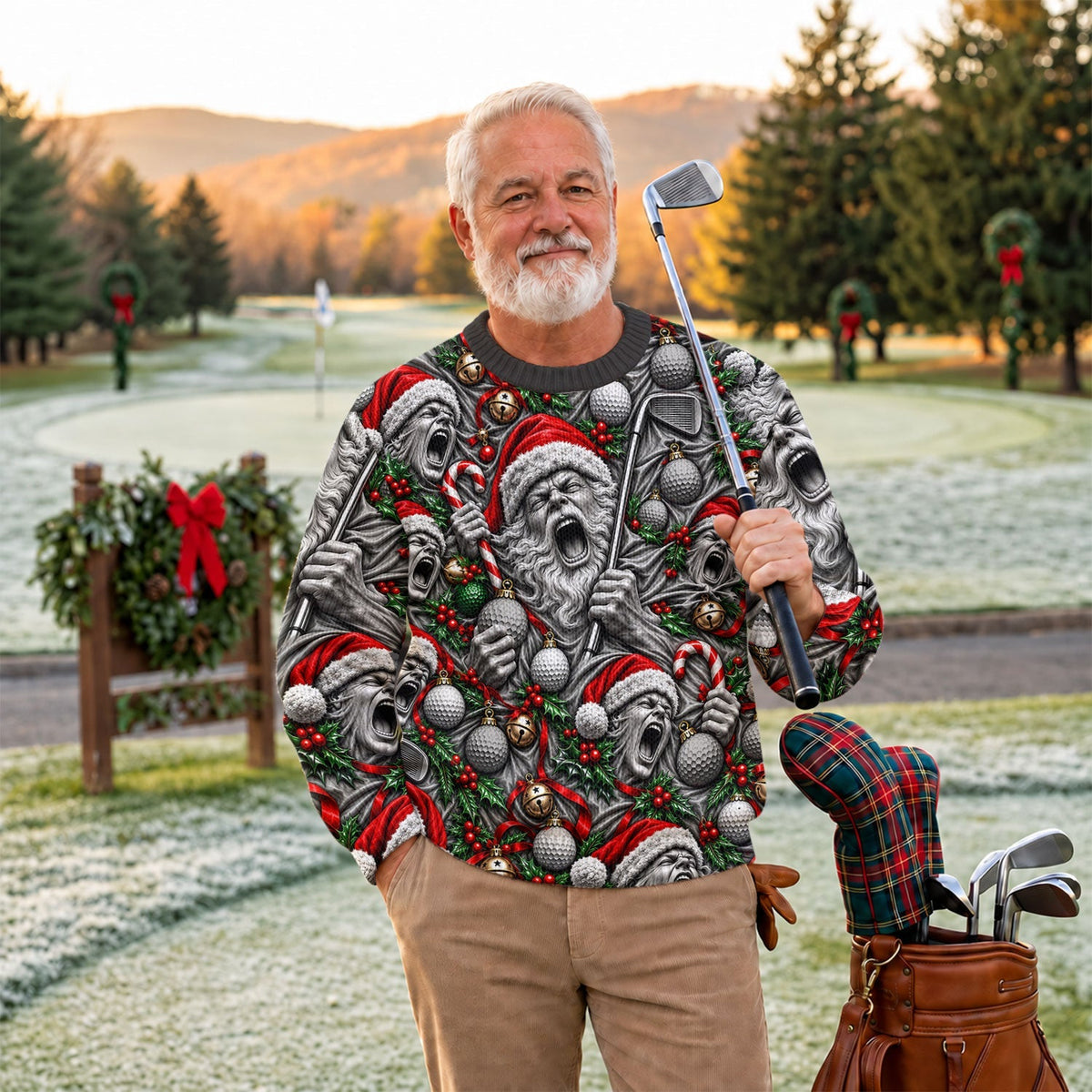 Screaming Santa Faces Golf Ugly Christmas Sweater, Funny Xmas Gift, Christmas Gifts
