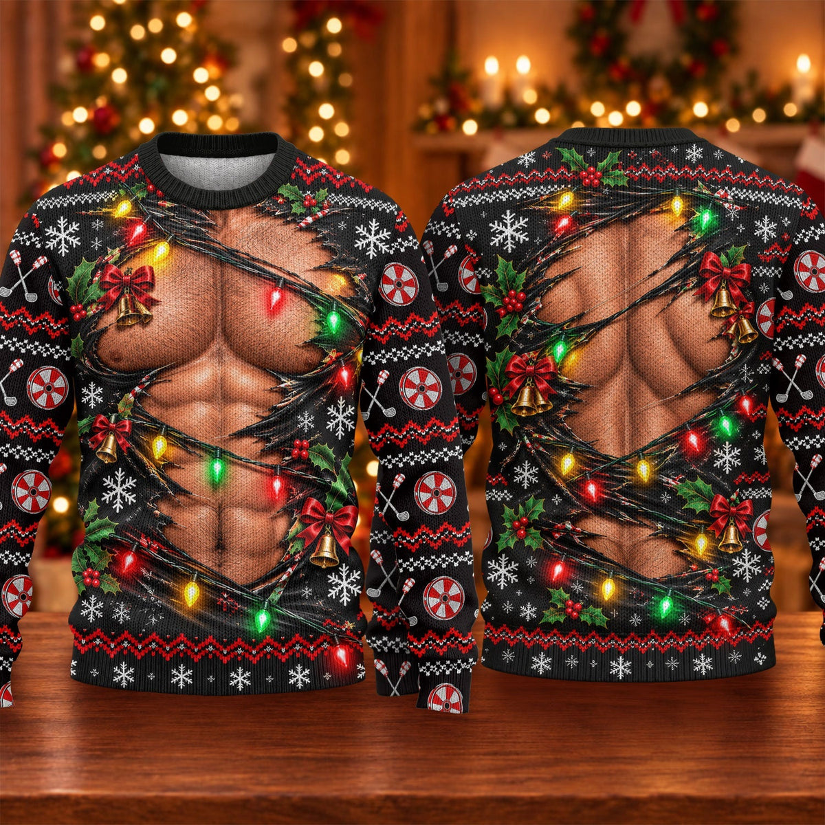Ripped Muscle Abs Lights Ugly Christmas Sweater, Funny Xmas Gift, Christmas Golf Gift