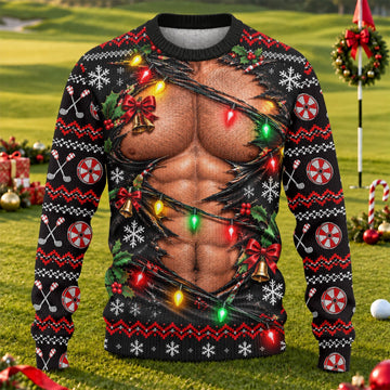 Ripped Muscle Abs Lights Ugly Christmas Sweater, Funny Xmas Gift, Christmas Golf Gift