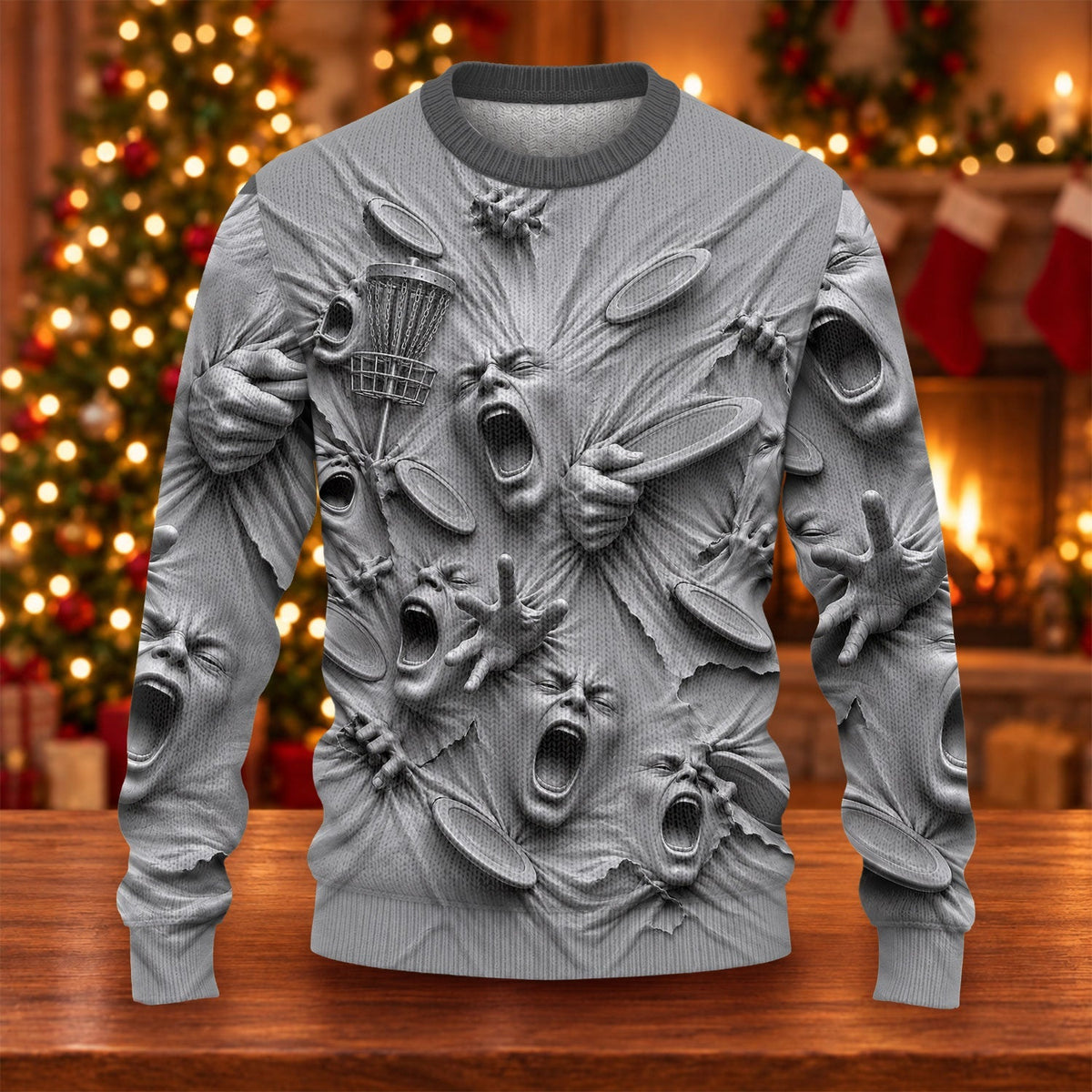Screaming Faces Disc Golf Ugly Christmas Sweater, Ugly Sweater Party, Funny Xmas Gift
