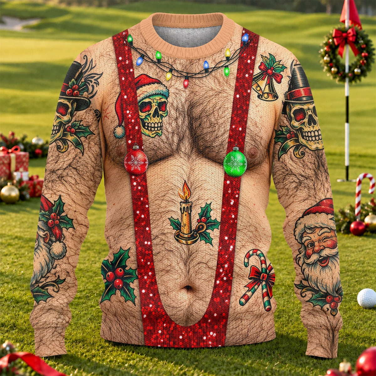 Santa Skull Hairy Chest Ugly Christmas Sweater, Ugly Sweater Party, Funny Xmas Gift
