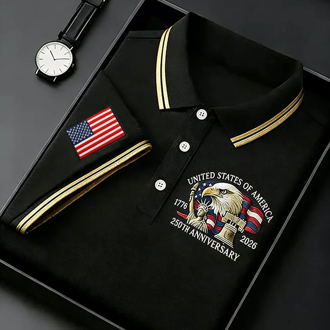 Bald Eagle American Flag 250 Years Black Golf Shirt, Patriotic 4th Of July Golf Shirts For Men